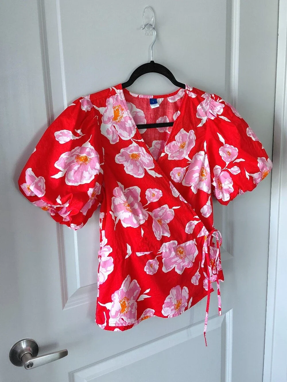 Old Navy Red Floral Wrap Top with Puff Sleeves